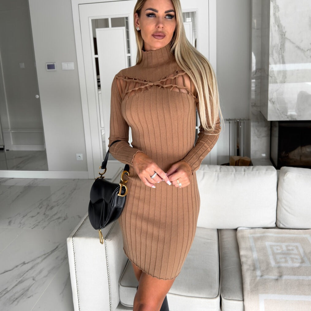 Damen figurbetontes Strickkleid mit Ausschnitt und Langarm EB