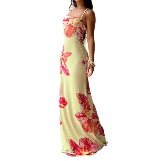 Damen Maxikleid mit floralem Design und Spaghettiträgern EB