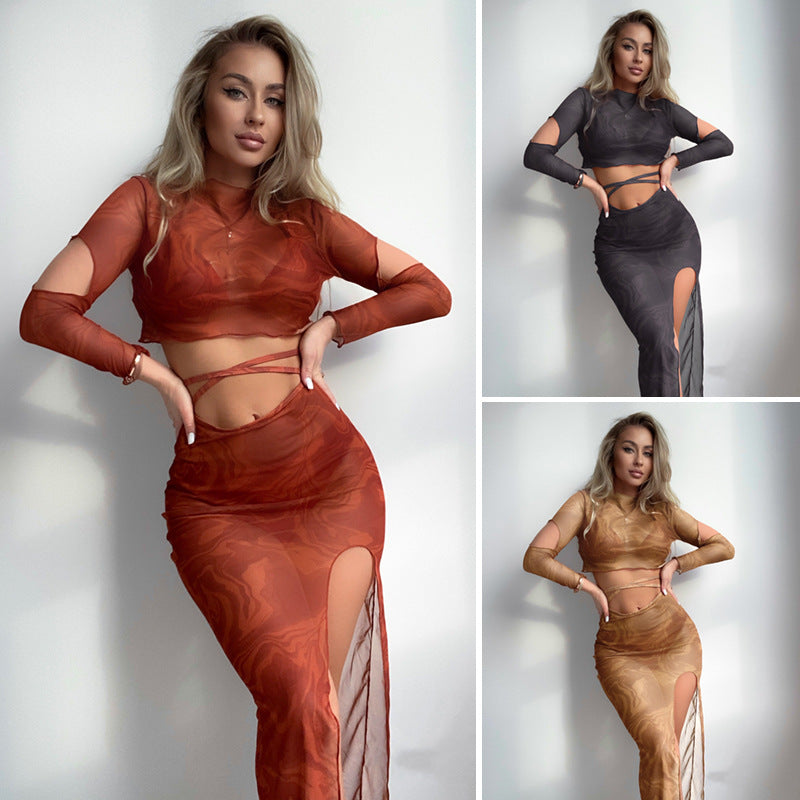Damen Oberteil und Rock-Set mit transparentem Design und modernen Cut-Outs EB