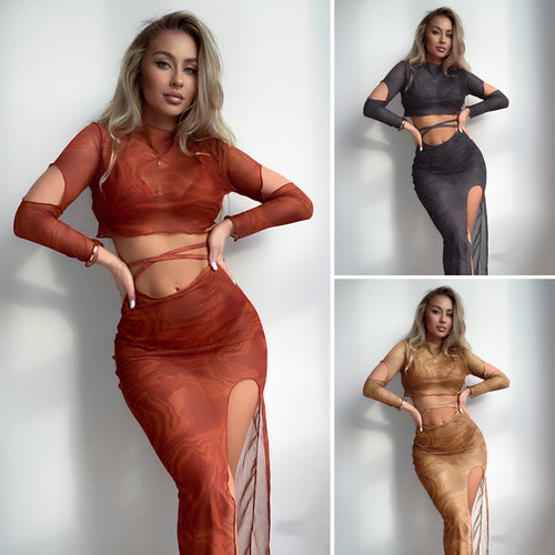 Damen Oberteil und Rock-Set mit transparentem Design und modernen Cut-Outs EB