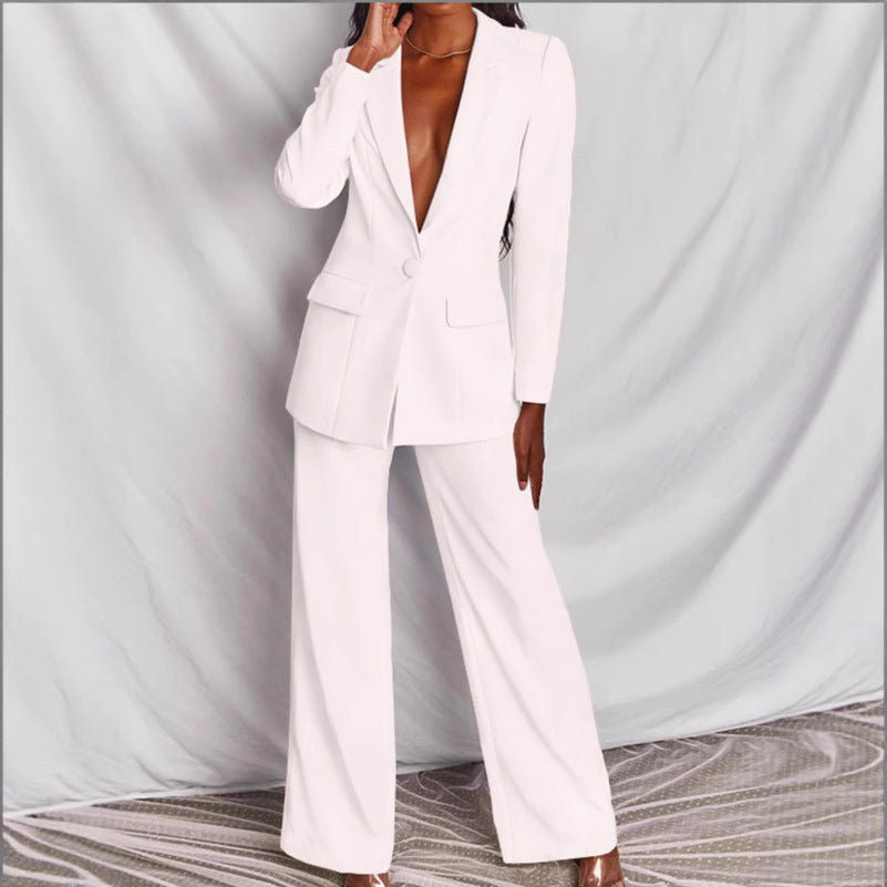 Damen nan taillierter Ein-Knopf-Blazer mit Pattentaschen und weiter Palazzo-Hose Hosenanzug EB