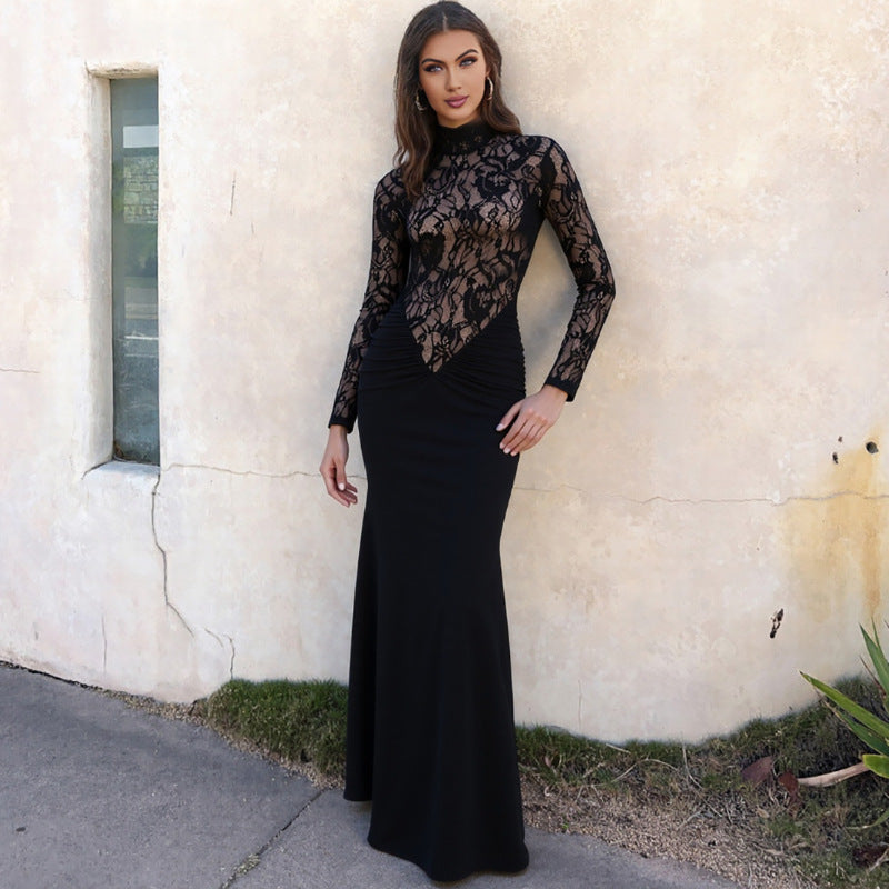 Damen Elegantes Langarm Kleid aus Spitze mit geraffter Silhouette EB
