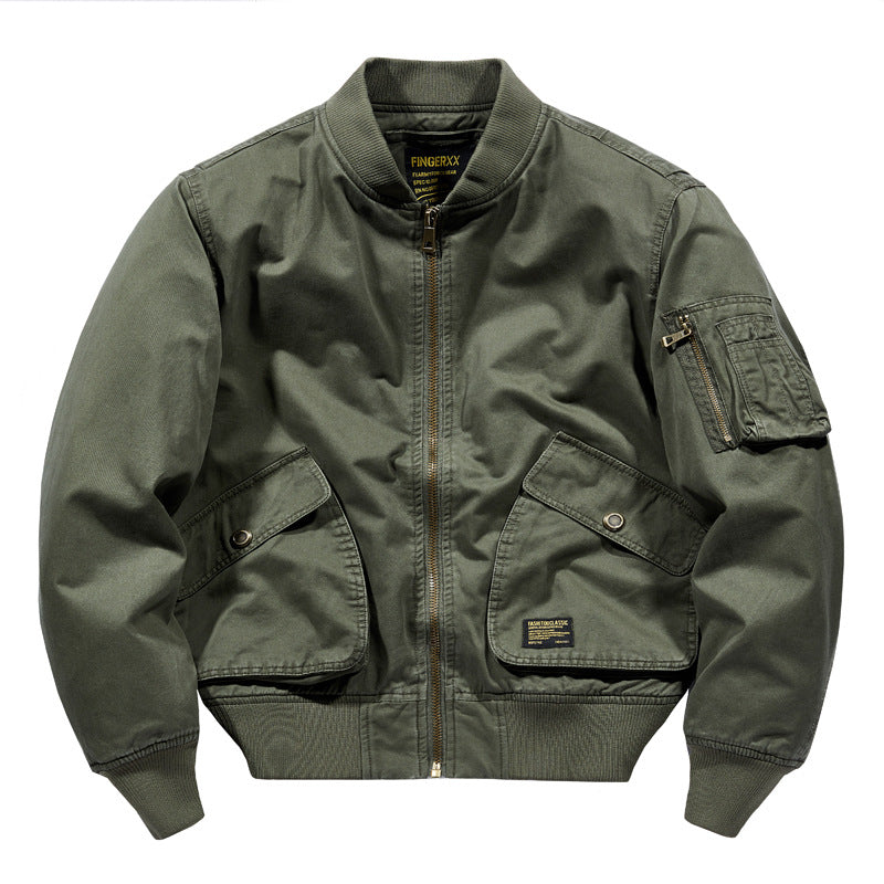Men's  rugged cotton-twill short-length flight bomber with oversized angled flap pockets and zip sleeve tool pouch EB