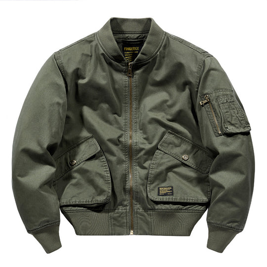Men's  rugged cotton-twill short-length flight bomber with oversized angled flap pockets and zip sleeve tool pouch EB
