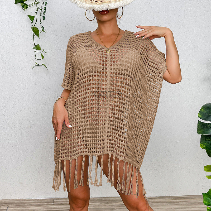 Damen Häkel-Strandtunika mit Fransen und transparentem Design EB