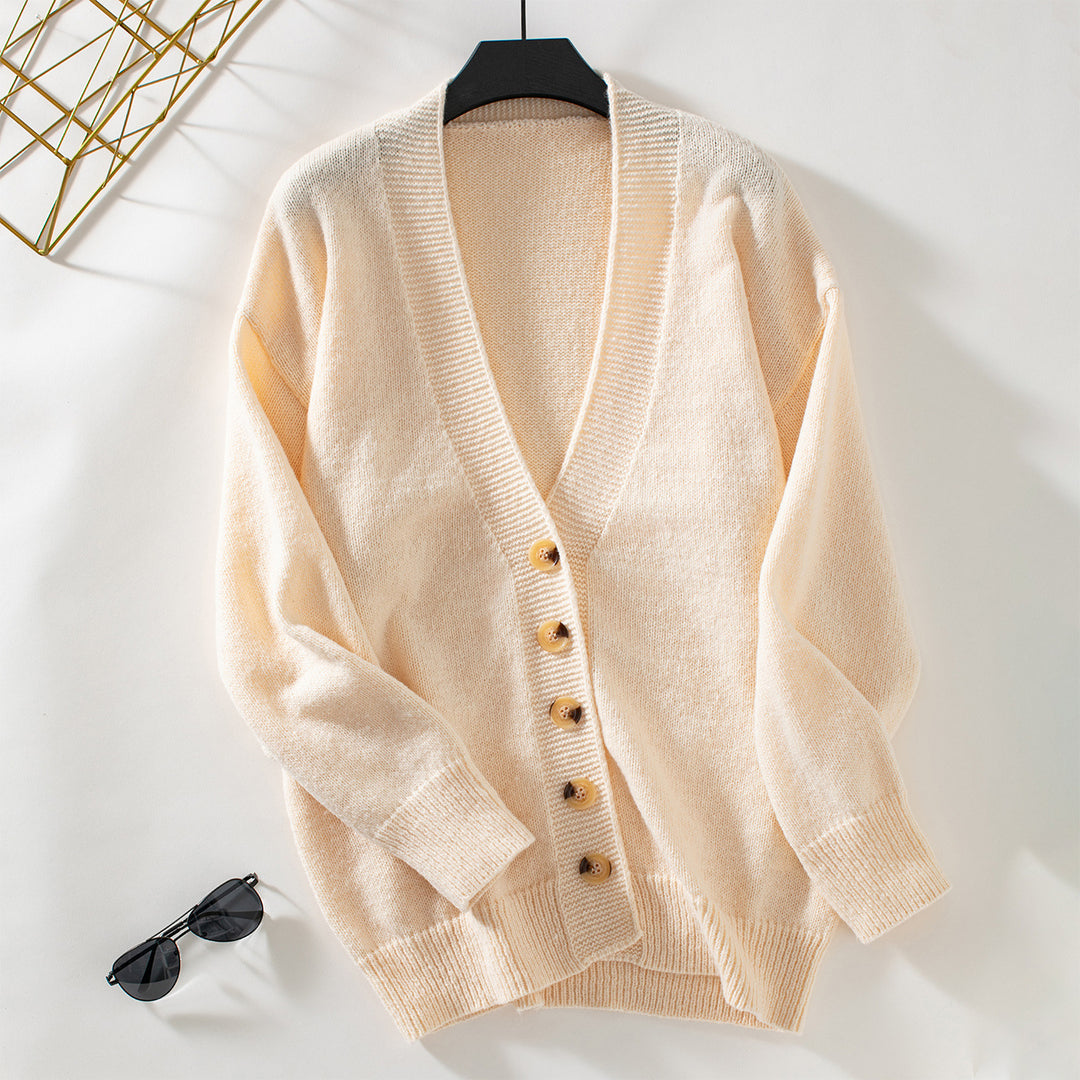 Damen gemütliche Strickjacke mit Knopfdetails und tiefem V-Ausschnitt EB