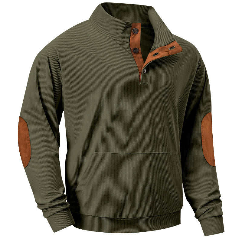 Herren Strukturiertes Ripp-Henley-Sweatshirt mit Stehkragen, Kängurutasche & Velours-Ellbogenpatches EB