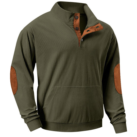 Herren Strukturiertes Ripp-Henley-Sweatshirt mit Stehkragen, Kängurutasche & Velours-Ellbogenpatches EB