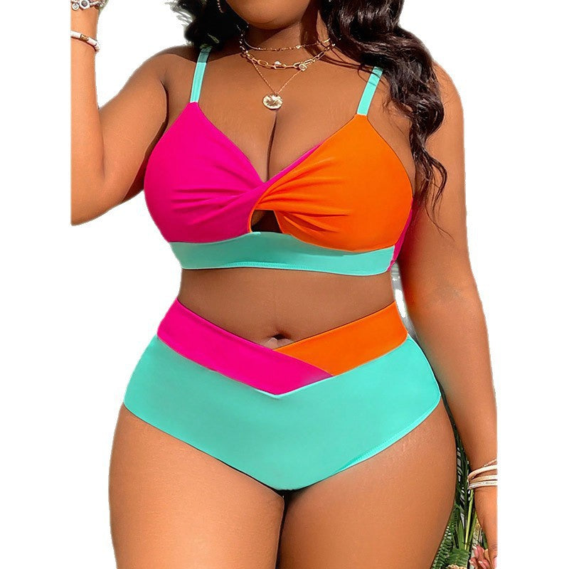 Damen Hochgeschnittener Bikini mit kreativem Farbblock-Design EB