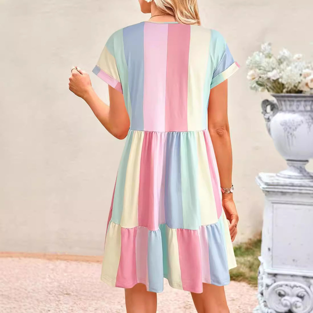 Damen lässiges Sommerkleid im modernen Streifendesign mit V-Ausschnitt und Volant EB
