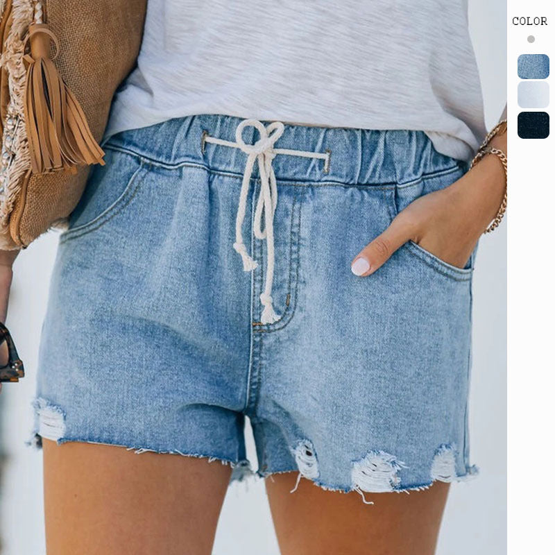 Damen Vintage Denim-Shorts mit elastischem Bund und modischen Destroyed-Details EB