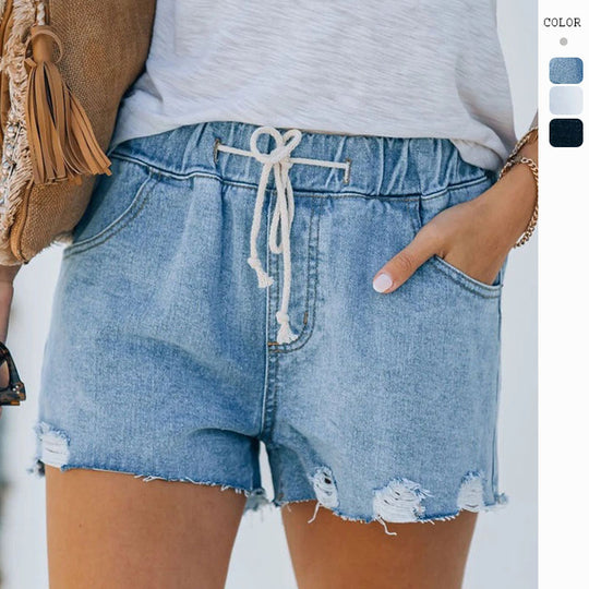 Damen Vintage Denim-Shorts mit elastischem Bund und modischen Destroyed-Details EB