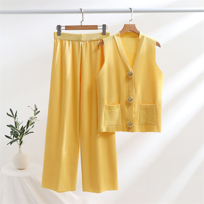 Damen elegantes Strick-Loungewear-Set mit Knopfdetaillierung EB