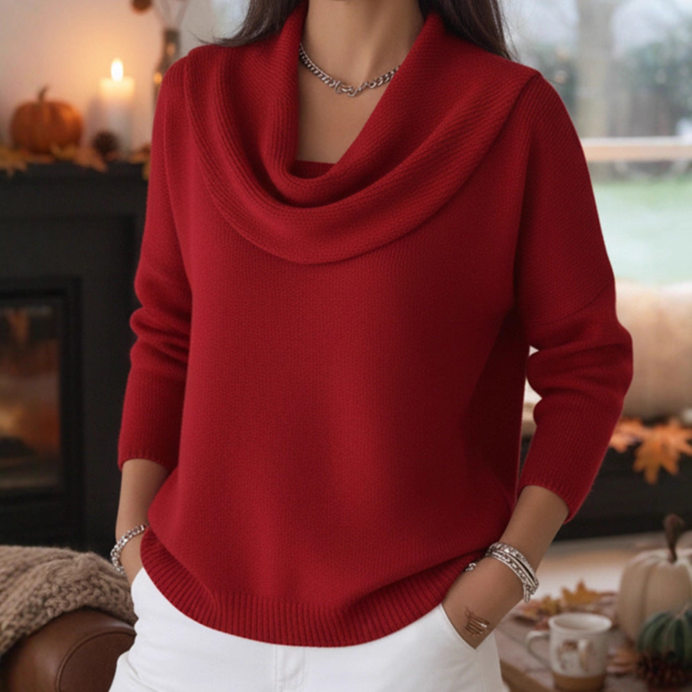 Damen Lässiger Schalkragen-Feinstrickpullover mit überschnittener Schulter und geripptem Saum EB