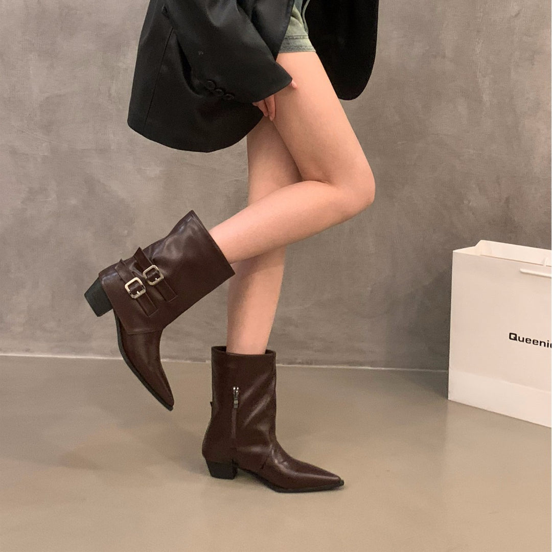 Damen Elegante Stiefeletten mit dekorativen Schnallen und spitzem Schnitt EB
