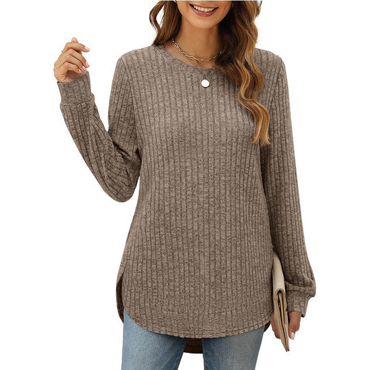 Damen lässiges Langarmshirt mit Rippstruktur und seitlichen Schlitzen EB