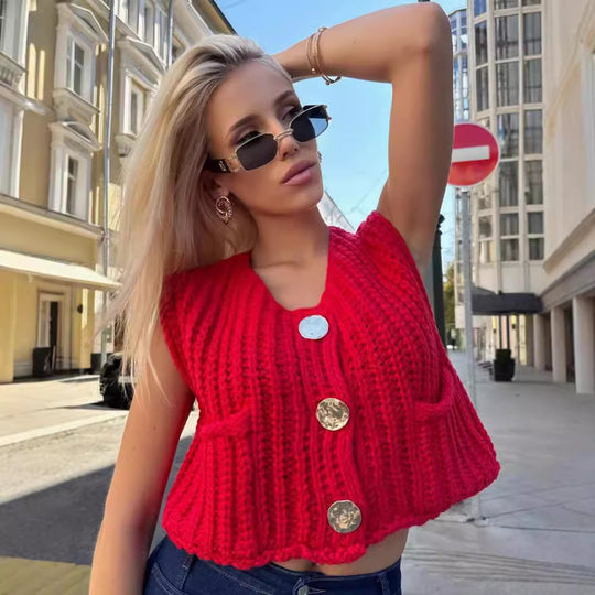 Damen Strickweste mit praktischen Taschen und dekorativen Knöpfen EB