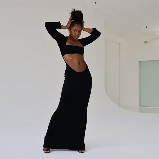 Damen Cut-Out Maxikleid mit langen Ärmeln und figurbetontem Schnitt EB