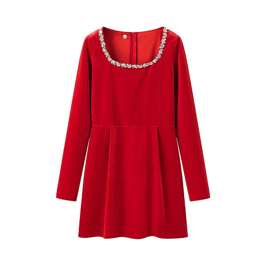 Damen elegant geschnittenes Langarmkleid mit verziertem Ausschnitt EB