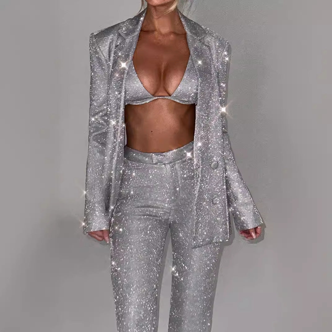 Damen Glitzerndes Anzugset mit Crop-Top und Flared Pants EB