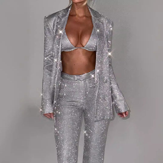 Damen Glitzerndes Anzugset mit Crop-Top und Flared Pants EB