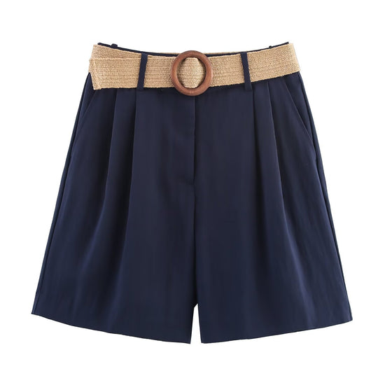 Damen elegante Shorts mit breitem, geflochtenem Gürtel EB