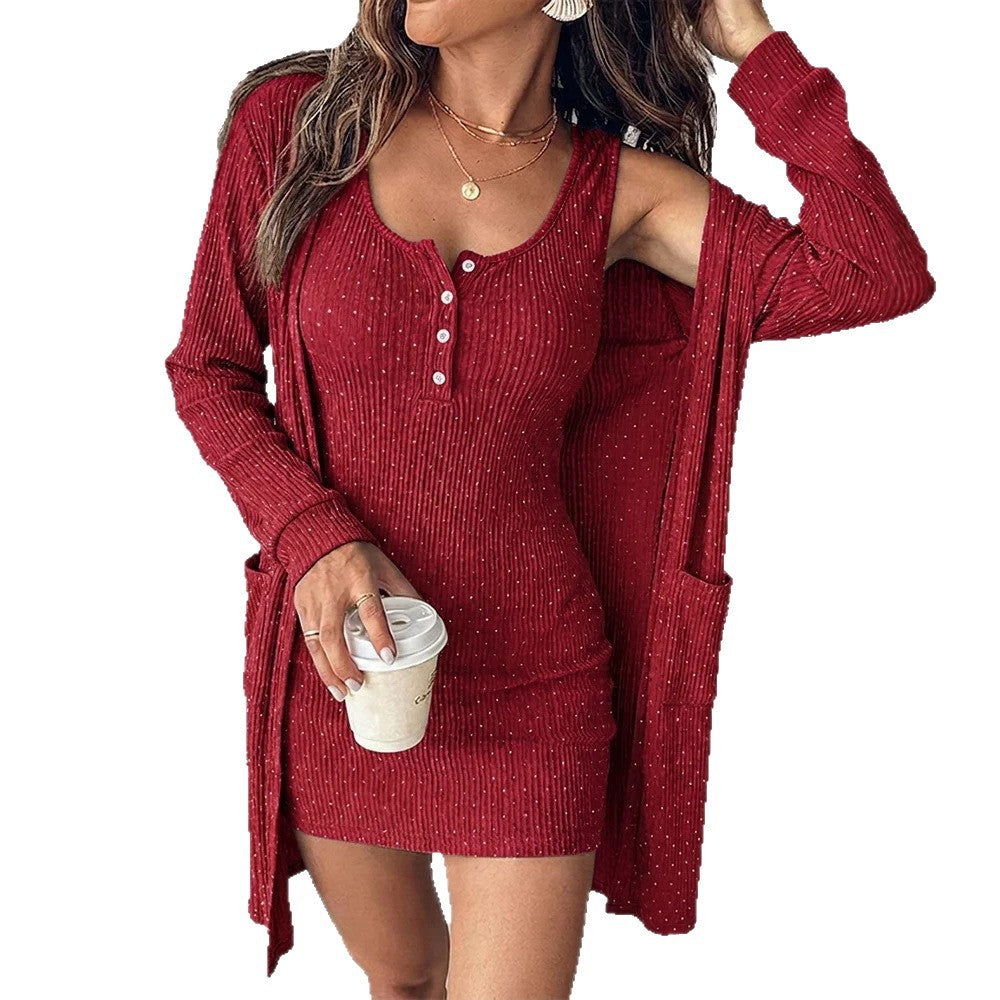 Damen Zweiteiliges geripptes Strickkleid-Set mit Henley-Top und Longcardigan EB