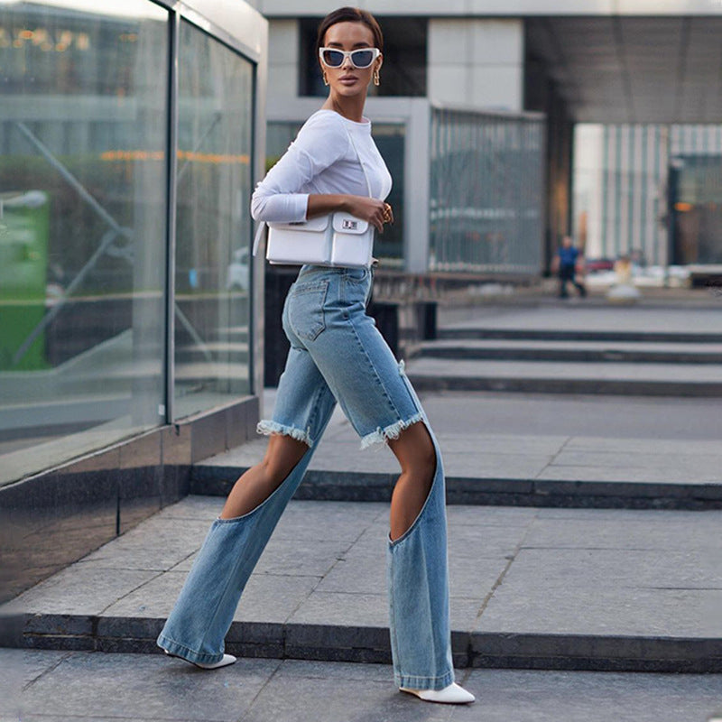Damen modische Cargo-Jeans mit hohem Schlitz und fransigen Details EB