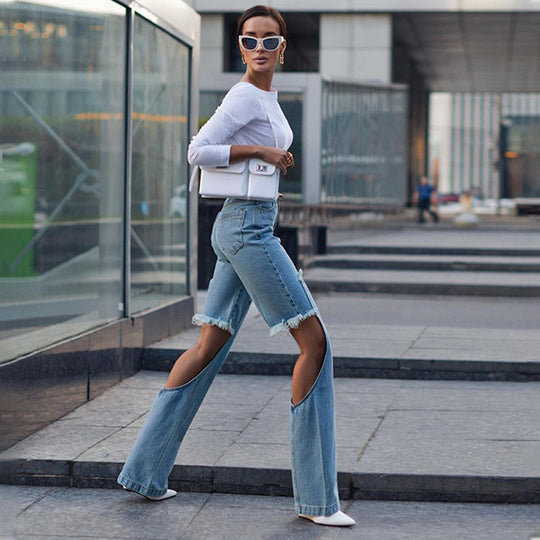 Damen modische Cargo-Jeans mit hohem Schlitz und fransigen Details EB