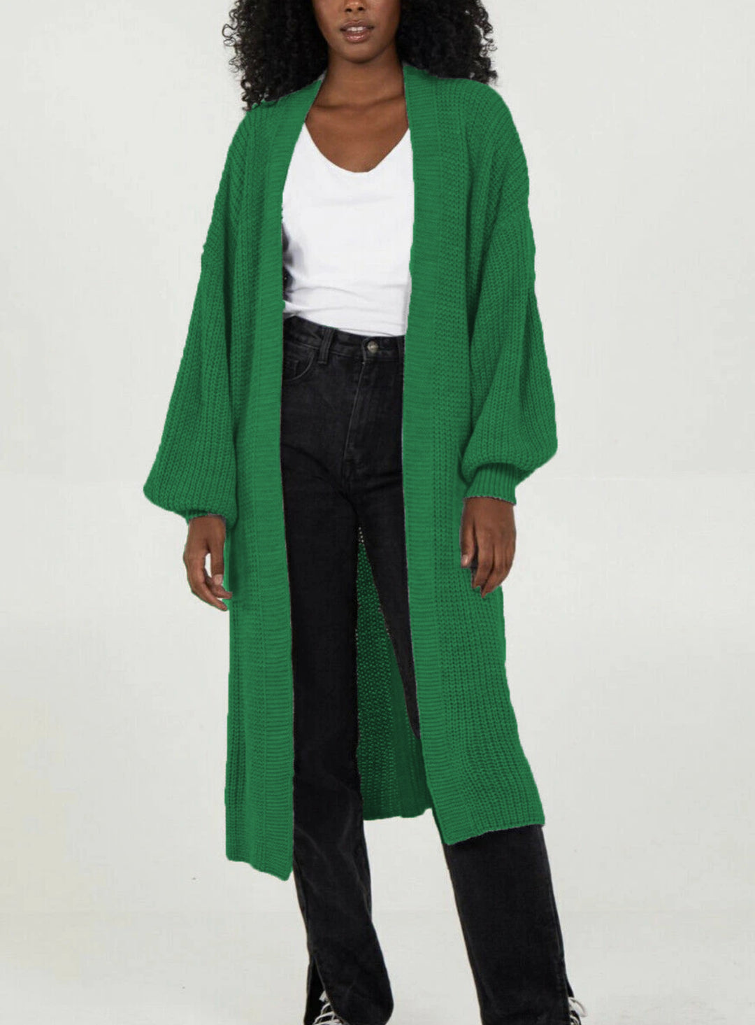 Damen Langer Strickcardigan mit voluminösen Ärmeln und offenem Schnitt EB