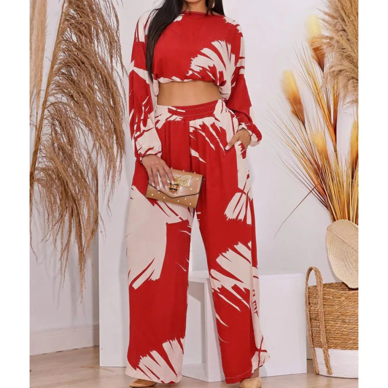 Damen Lässiges Zweiteiler-Set mit weiten Hosen und cropped Oberteil EB