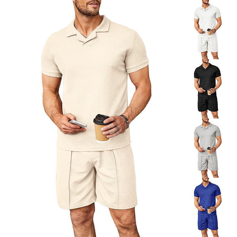 Herren nan zweiteiliges Freizeitset aus strukturierter Baumwollmischung mit Reverspolo und geraden Komfortshorts EB