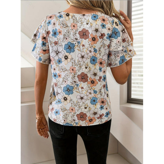 Damen Kurzarm-Bluse mit Volant und floralem Muster EB