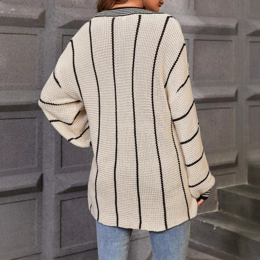 Damen Großer Strickpullover im lässigen Oversized-Stil mit V-Ausschnitt und Streifenmuster EB