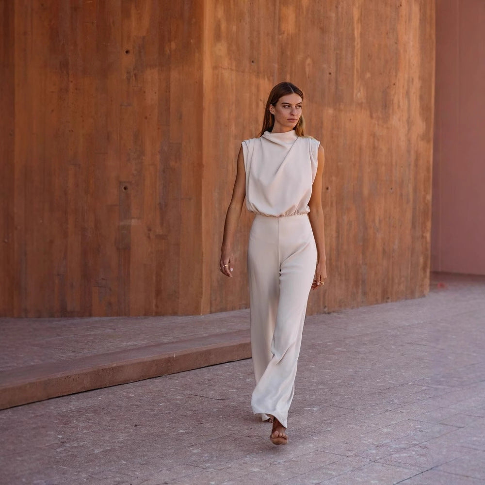 Damen Eleganter Jumpsuit mit hochgeschlossenem Kragen und weiten Beinen EB