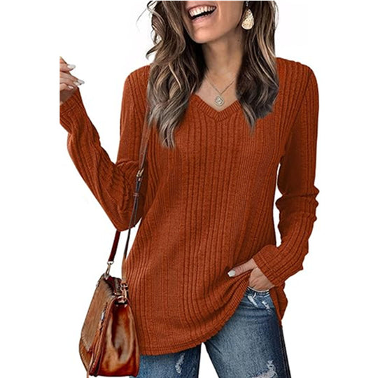 Damen modischer V-Ausschnitt Pullover mit Rippstruktur EB