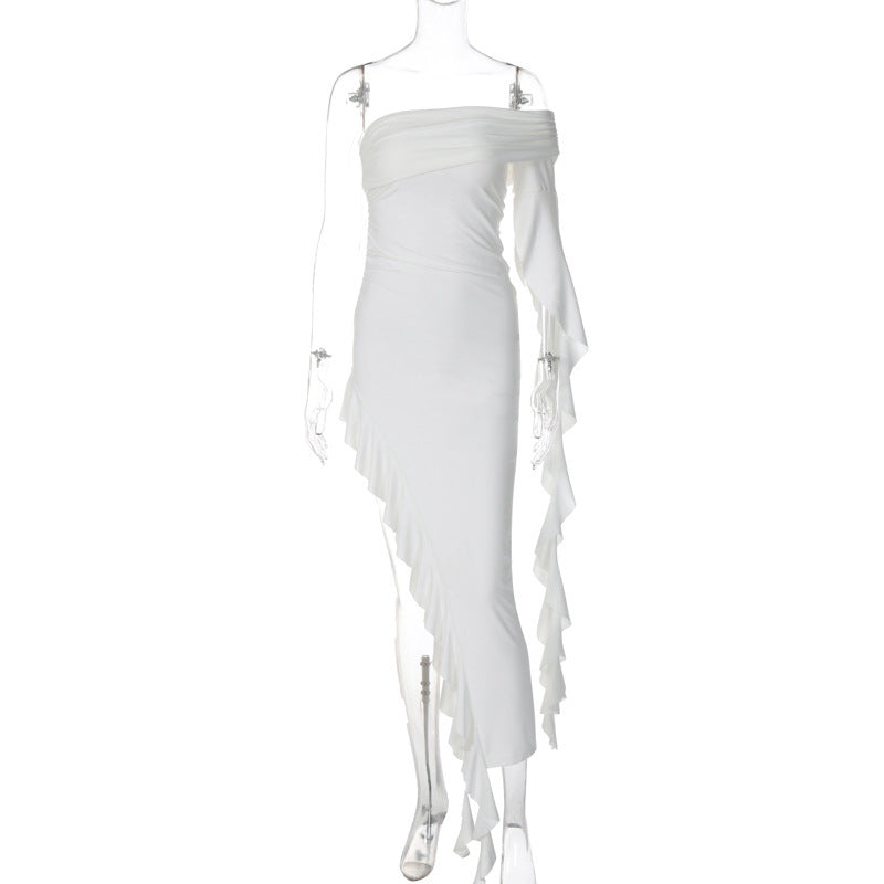 Damen elegantes Wickelkleid mit asymmetrischem Rüschendesign und dekorativem Oberteil EB