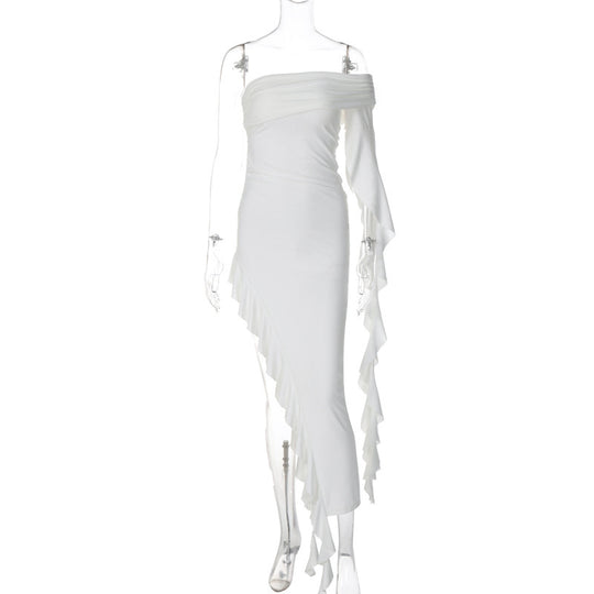 Damen elegantes Wickelkleid mit asymmetrischem Rüschendesign und dekorativem Oberteil EB