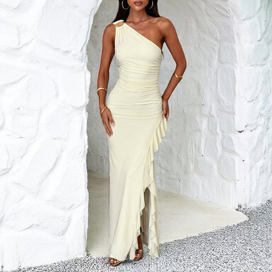 Damen Raffung Maxikleid mit asymmetrischem Ausschnitt und verspieltem Rüschendesign EB