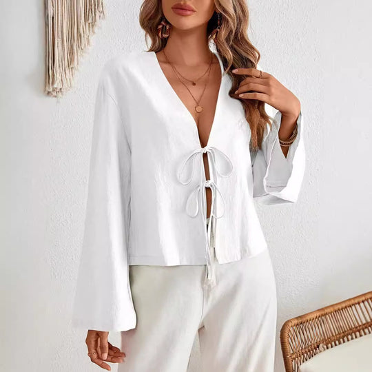 Damen lässige Bluse mit tiefem V-Ausschnitt und schnürbarem Detail EB