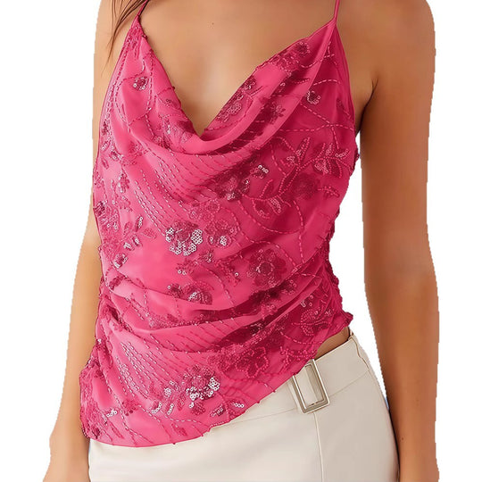 Damen Glamouröses Top mit tiefem Wasserfallausschnitt und funkelnden Pailletten EB