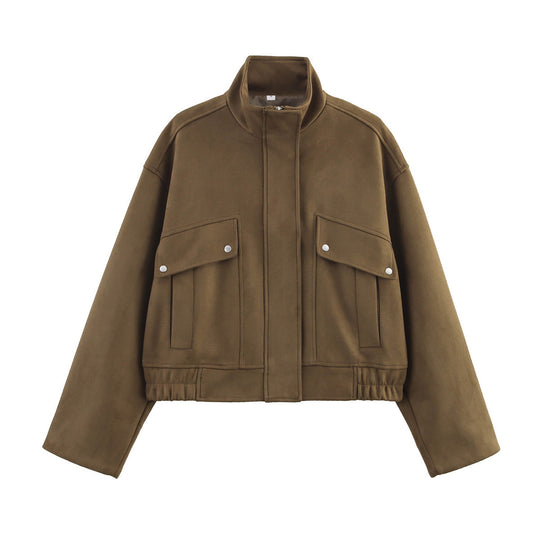 Damen zeitgemäße Relaxed-Fit Jacke mit aufgesetzten Taschen und Stehkragen EB