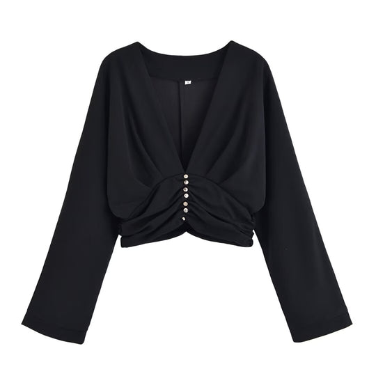 Damen legeres Blusenshirt mit Raffung und tiefem V-Ausschnitt EB
