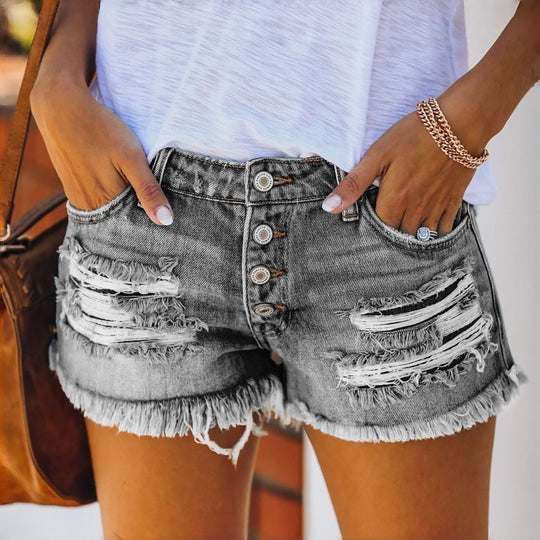 Damen Jeans-Shorts mit Fransen und Destroyed-Effekten EB