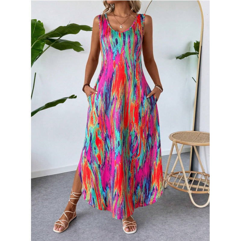 Damen Maxikleid mit seitlichen Taschen und modischem Streifenmuster EB