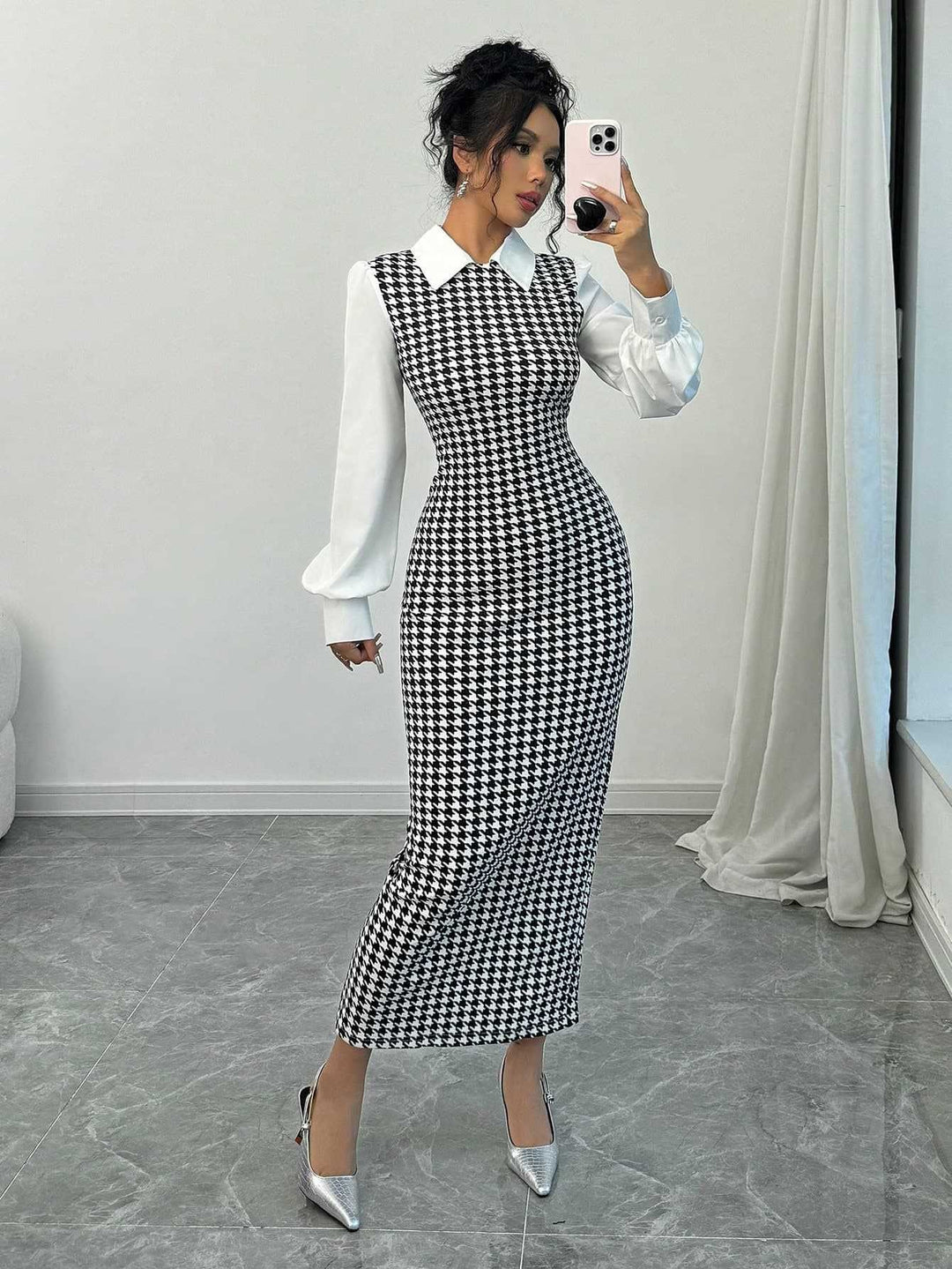 Damen elegantes Midirkleid mit glänzenden Puffärmeln EB