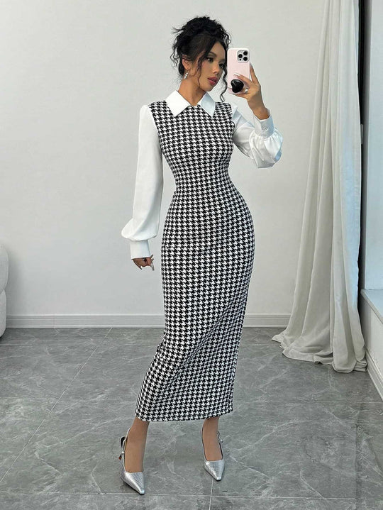 Damen elegantes Midirkleid mit glänzenden Puffärmeln EB