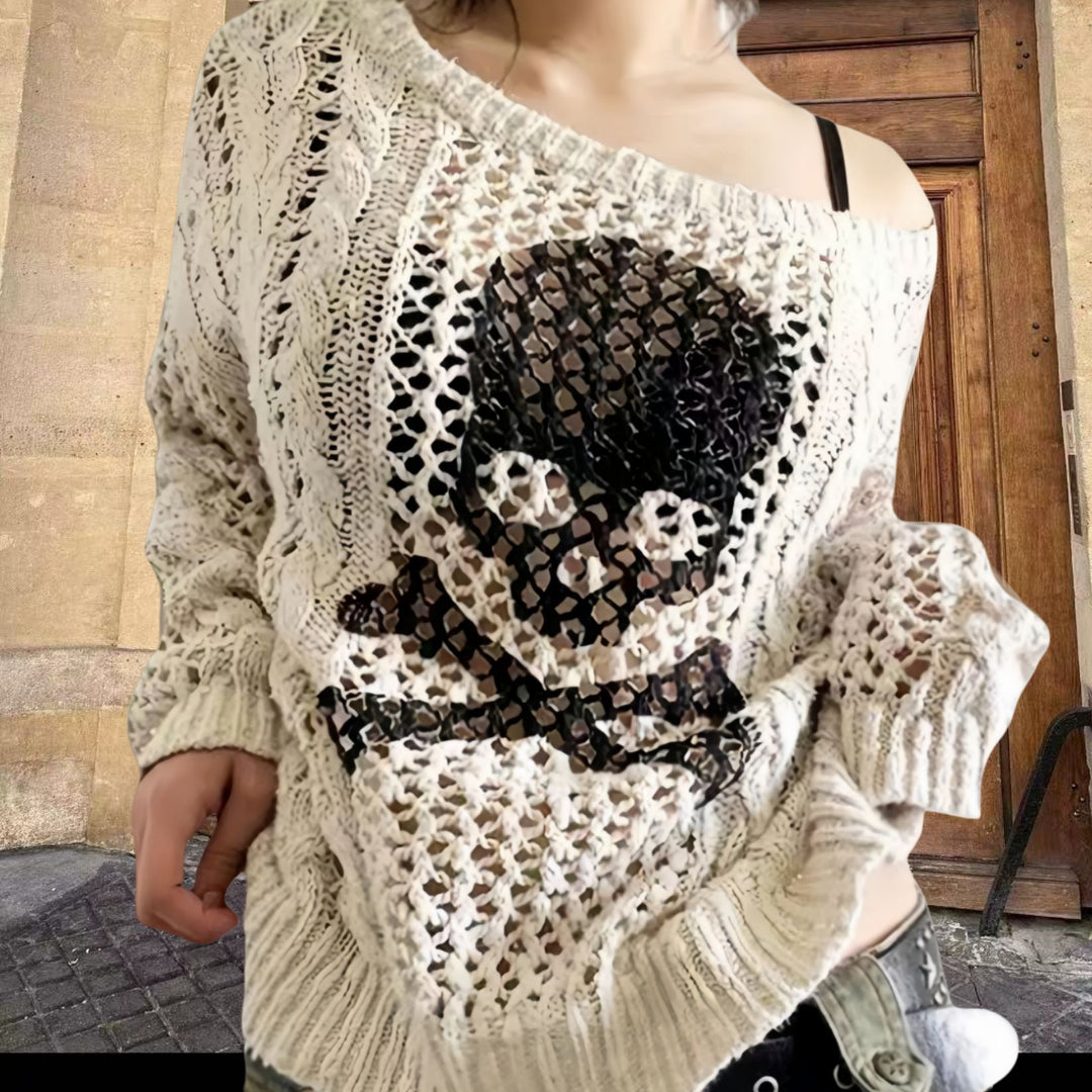 Damen Oversized Strickpullover mit kreativem Lochmuster und Anker-Design EB