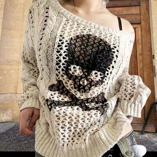 Damen Oversized Strickpullover mit kreativem Lochmuster und Anker-Design EB
