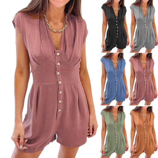 Damen kurzer Jumpsuit mit knopfverweiterndem Oberteil und ausgestelltem Schnitt EB